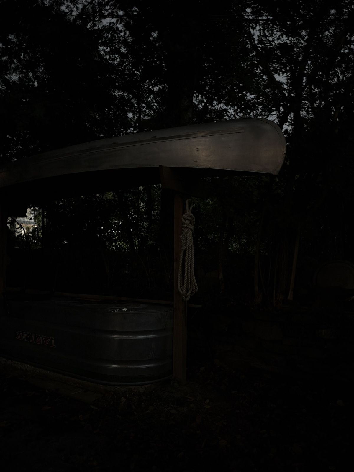 The relaid rope coiled on the post beneath the canoe at dusk
