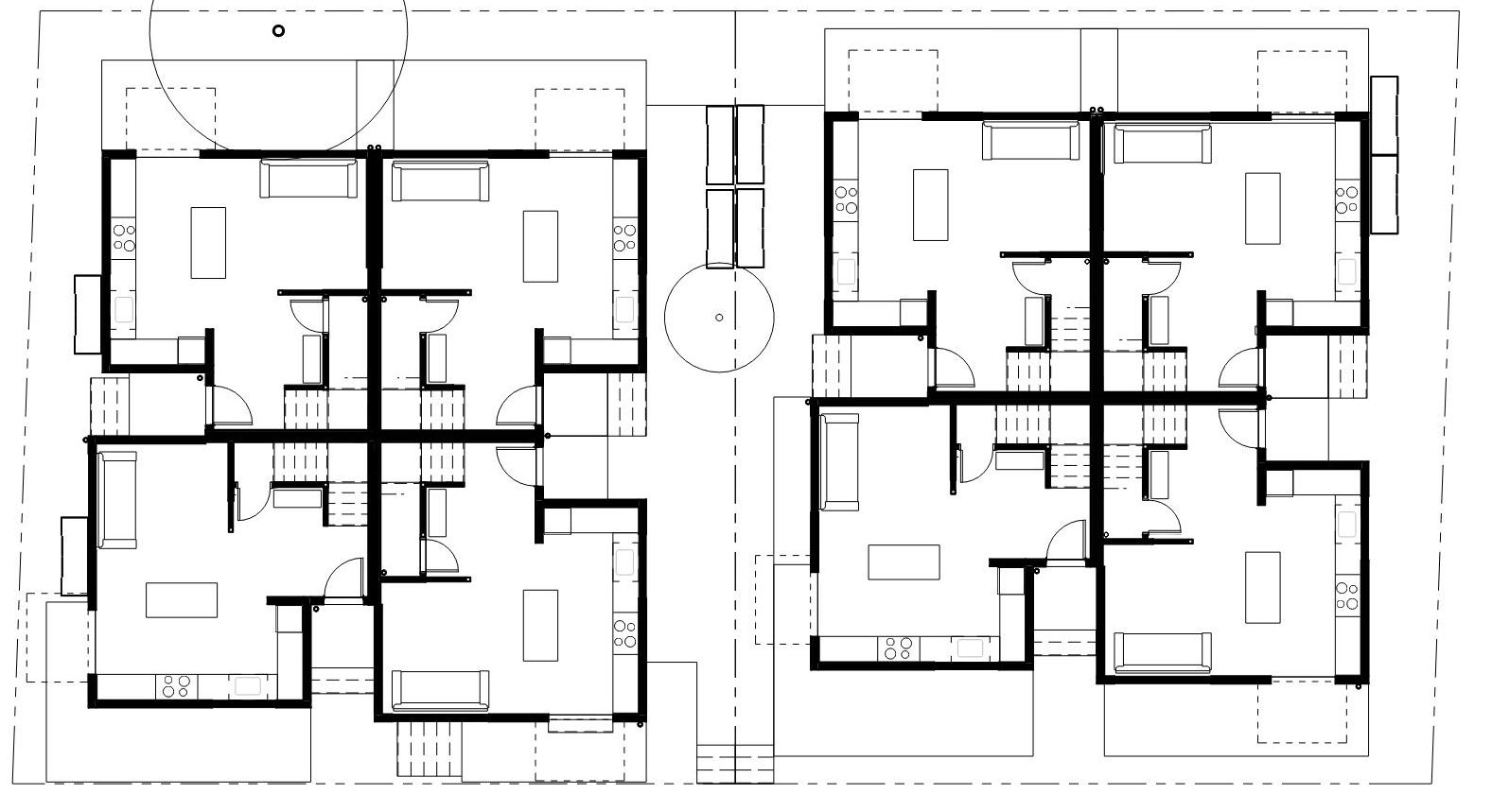 Site plan showing two cloverleaf buildings of four townhomes each