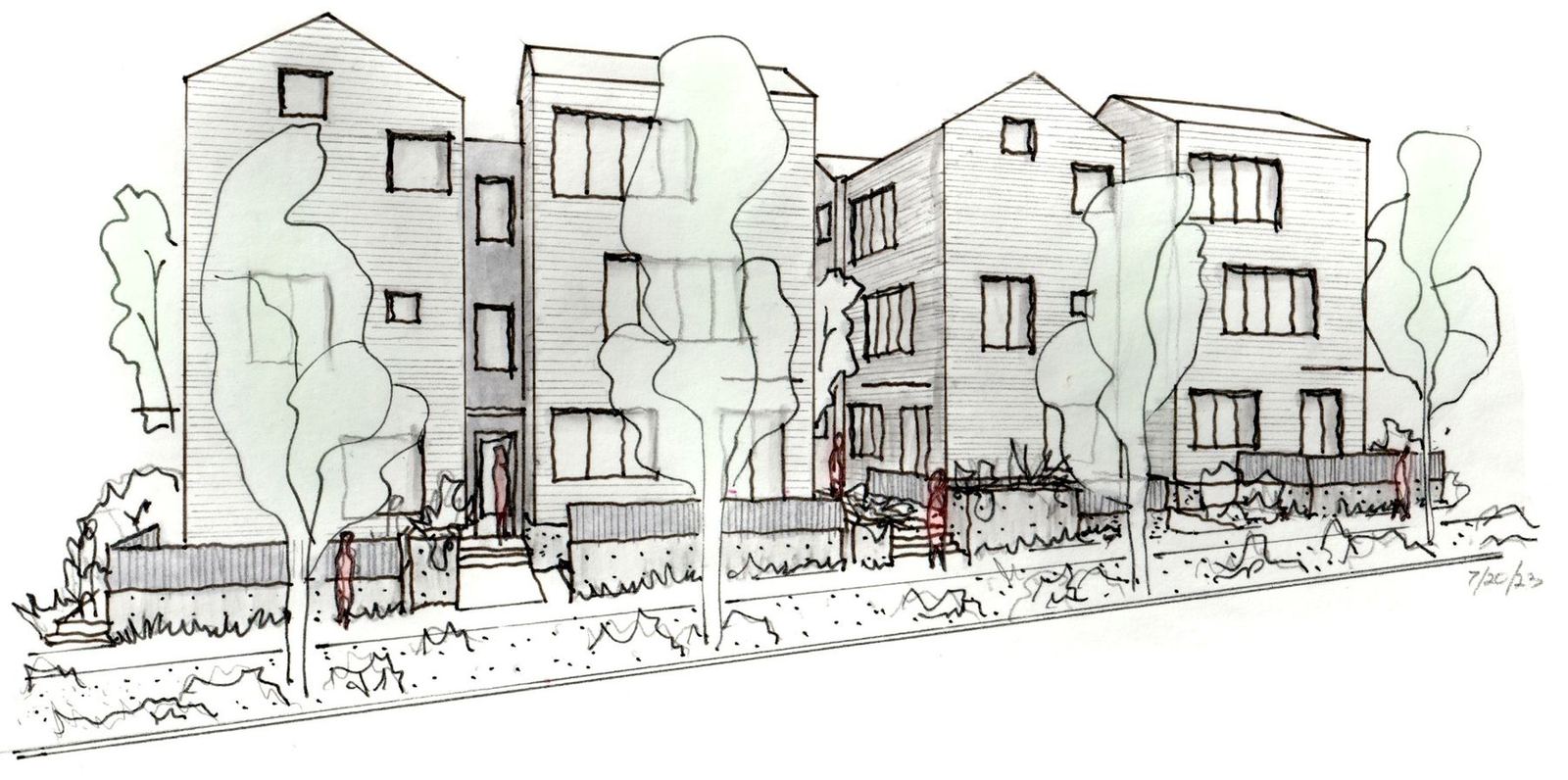 Ink and marker street elevation sketch of the townhomes with trees