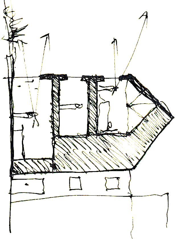 Hand-drawn section sketch showing three floors and a gabled roof with light arrows